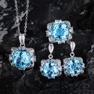 Vintage Lab Aquamarine Diamond Jewelry set 925 Sterling Silver Engagement Wedding Rings Earrings Necklace For Women Promise Gift