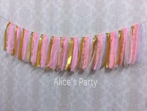 Party Decoration Pink Chiffon Gold Rag Tie Banner Girl Lace Highchair Bunting Firar Birthday Garland 1st Decor Nursery Hanging