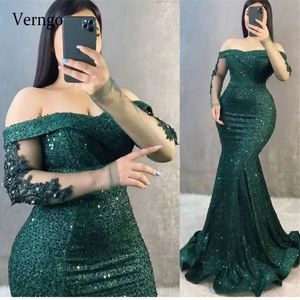Party Dresses Verngo Sparkly Sequin Green Mermaid Evening Dresses Off Shoulder Long Sleeves Applique Arabic Women Formal Plus Size Prom Gowns 230310