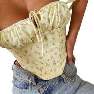 Women's Tanks Fashion Women Summer Sexy Floral Vest Off Shoulder Low-Cut Backless Crop Tops Girls Drawstring Ruched Bustier Corset S M L