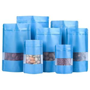 9 Size Blue Stand Up Aluminium Foil Bag med Clear Window Plastic Pouch Dxkedja Återlämnbar matlagring Förpackningsväska LX2690