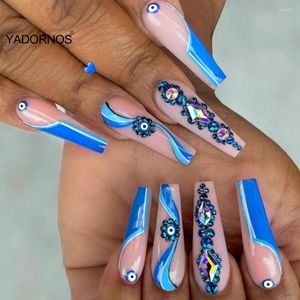 Falso unhas Long Coffin 24pcs Azul Diama Diamante colorida Pressione para mulheres meninas capa total vestível