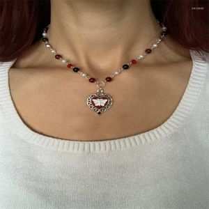Choker Gothic Butterfly Charm Heart Chokers Oil Dripping White Vintage Fairy Core Beaded Chain Rosary Necklace Y2K Jewelry Gift