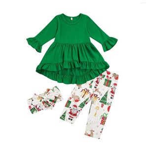 Set di abbigliamento Bambini Neonate Natale Autunno Inverno Primavera 3 pezzi Tinta unita Maniche lunghe Volant Top Stampa Pantaloni Sciarpa 2-7 anni