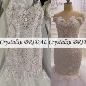 2024 Arabic Mermaid Wedding Dresses Elegant Off Shoulder Lace Appliques Crystal Beads Flowers Satin Long Formal Bridal Gowns Sweep Train
