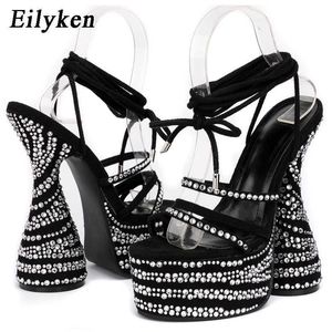 Sandália 2023 New Crystal Chunky Heels Sandals Moda Peep Toe Tornozelo Cross Lace Up Platform Women Stripper Shoes 230302