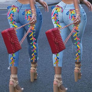 Kvinnors jeans sommar kvinnor jeans byxor kvinnlig trending streetwear blyerts denim jean blå mager rippade hål sexig stretch pojkvän smal 230310