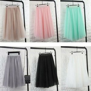 Kjolar 9 färger knä längd tyll kjol tutu kvinnor hög midja veckad cosplay petticoat elastic bälte