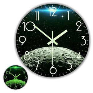 Wall Clocks Earth And Moon Planet Luminous Wall Clock For Bedroom Astronomy Home Decor Universal Lunar Surface Glow In The Dark Wall Clock 230310