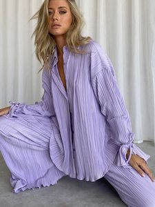 Women's Sleepwear Causal Loose Home Suit Autumn Long Sleeve Blouse Pants Set Women Pajamas Set Elegant Pleated Beige 2 Piece Pant Sets Outfits 230310