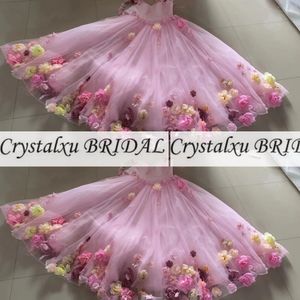 2023 Luksusowa suknia kulowa Quinceanera Iluzja różowa z ramion tiulowy 3d kwiaty kwiatowe długość podłogi impreza