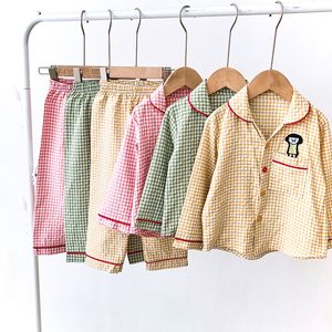 Pajamas Girls Home Clothes Set Spring Autumn Boys Embroidered Top With Plaid Trousers 2 Piece 3-7Y Unsex Comfortable Pajama Clothes 230310