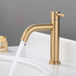 Banyo lavabo musluklar 304 paslanmaz çelik kurşun ücretsiz havza musluğu fırçalanmış altın yıkama tabanına tek soğuk su