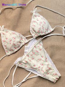 Kvinnors badkläder Miyouj Floral Print Bikini Set White Color Swimsuit Women Sexig Bikinis Micro Thong Bandage Beachwear Triang Swimwear Biquini 0310H23