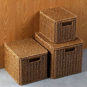 Storage Baskets Handwoven Rattan Storage Basket Toy Storage Organizer Box Portable Laundry Basket Organizing with Lid Cabinet Home Organization 230310