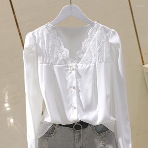 Women's Blouses Lace Patchwork White Women Shirts Summer Design 2023 V-Neck Long-Sleeved Elegant Office Lady Outwear Tops