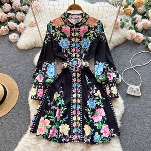 New Women Dresses Summer 2024 Runway Fashion Floral Print Bohemian Dress O-Neck Long Lantern Sleeve Buttons Up Belted Mini