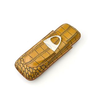 Brown Crocodile Pattern Genuine Leather 2-Tube Cigar Case with Cutter - Stylish and Functional