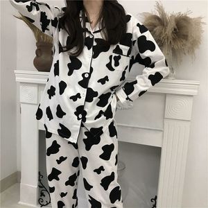 Kadınlar için pijama ineği baskı pijamaları kadınlar için sevimli gece kıyafetleri seti seti sonbahar kış pijamaları kızlar ev kıyafeti pijama mujer ev kıyafetleri bayanlar 230310