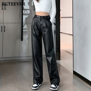 Kvinnor Pants Capris BGtever Stylish Chic Loose Women Pu Leather Pants Autumn Winter Fashion Ladies High midja Straight Faux Leather Trousers 230310