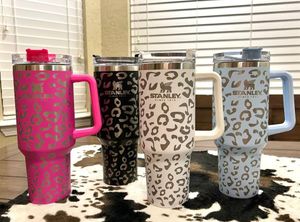 40oz Leopard Stanley Tumblers Cups with Logo Handle Lid Straw Stainless Steel Insulated Tumbler Travel Car Mugs Insulated Water Bottles Keep Drinks Cold 0310