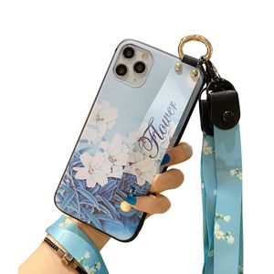 Chinese Style Flower Wrist Band Cell Phone Cases Emboss Silicone TPU Soft Case Phone Stand Neck Lanyard Back Protective Cover For Iphone Apple 14 Pro Max plus 13 12 11