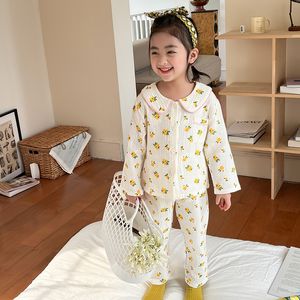 Pyjamas Little Girls Cotton Pyjamas Spring Summer Children Toddler Flower Print Doll Collar Button Front Cardigan Pants PJ Set 230310