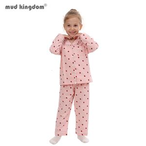 Pigiama Mudkingdom Fragola Ragazze Pigiama Set Colletto in pizzo Manica lunga Cotone Bambini PJS Vestito per ragazza Sleepwear Bambini Homewear 230310