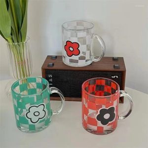 Wine Glasses Korean Style Retro Flower Checkerboard Niche Glass Cup Handle Milk Juice Breakfast Home