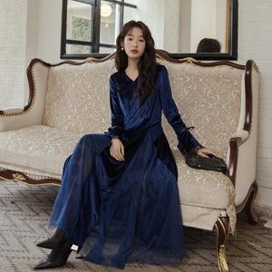 Casual Dresses Spring Autumn Adult Velvet Long Dress Patchwork Mesh Evening Slim Fit V-Neck Party Clothing Birthday Present for Girls