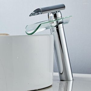 Bathroom Sink Faucets Deck Mount Waterfall Basin Mixer Tap Faucet Chrome Polished Cold & Water Single Handle Glass