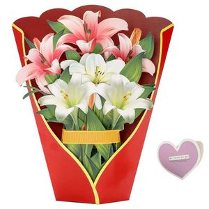 Presentkort Papper Popup -kort Lilies Flower Bouquet 3D Popup gratulationskort för Mom Mothers Day gratulationskort Alla tillfällen Z0310