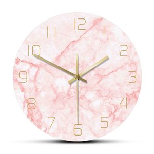 Wall Clocks Natural Pink Marble Round Wall Clock Silent Non Ticking Living Room Decor Art Nordic Wall Clock Minimalist Art Silent Wall Watch 230310