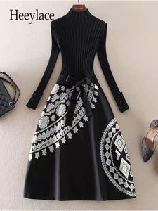 Sukienki na co dzień panie elegancki luksus 2023 jesień zimowy ciepłe dzianki haft haftowy kobiety wysokiej talii A-line vestidos