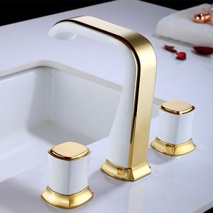 Bathroom Sink Faucets Copper Bathroom Basin Faucets Brass Widespread Sink Mixer Tap Cold Lavatory Crane 2 Handle 3 Hole White Gold/Chrome 230311