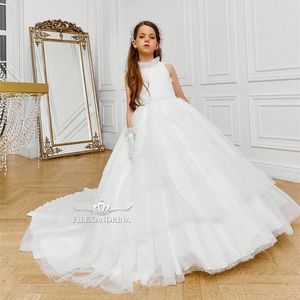 Flickaklänningar High Neck Flower Girls Dress For Wedding Shiny Tulle Kids Ball Gown Beach Party Pageant Gowns Litter Baby Birthday