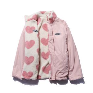 Women's Jackets Doublesided heart shape design lamb plush women's coat cotton clothes winter warm windproof jacket street Y2K clothing 230310