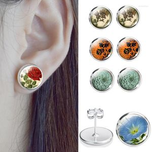 Stud Earrings Women Fashion Beautiful Flower Glass Dome Natural Pink Lotus For Girls Jewelry Gifts