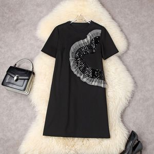 Vestido de manga curta de verão Retro redonda colorido preto color painéis tule lantejas de joelho vestidos casuais elegantes 22l256026