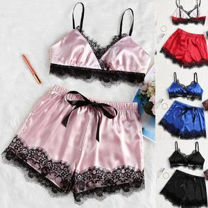 Kvinnors sömnkläder 2st Pyjamas Set Women Underwear Lace Satin Silk Pijama Summer Crop Tops and Shorts Outfits Set