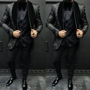 Handsome Floral Pattern Men Wedding Tuxedos Suits Groom Tailored Party Prom Coat Business Wear Outfit 3 Pieces