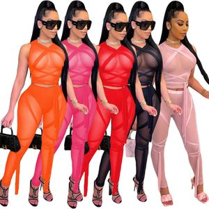 Nastri See Through Mesh Set da 2 pezzi Completi da donna Abbigliamento da club Abbigliamento da festival Set top corto e leggings Set coordinati per feste