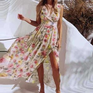 캐주얼 드레스 여름 최대 드레스 여성 패션 패션 플로알 프린트 스플릿 해변 휴가 쉬폰 긴 드레스 우아한 숙녀 옷 로브 femme g230311