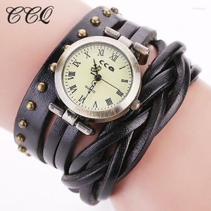 Armbandsur vintage retro nit flätade äkta läderarmband klockor lyxiga ccq kvinnor kvarts armband relogio femininowristwatches