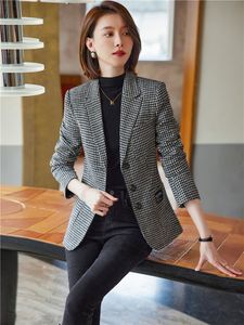 Kvinnors kostymer blazers mode elegant vintage kontor damer pläd blazer houndstooth kostym kappa ulljacka kvinnlig ytterkläder chic smala toppar 230311