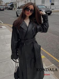 Kadın Trençkotları Kondala Vintage Katı Siyah Y2K Deri Uzun Kadın Kemer Kolu Serin Sokak Giyim Moda 2023 Ceketler