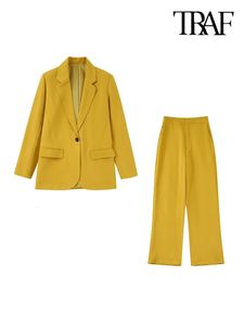 Women's Suits Blazers TRAF Women Fashion Front Button Blazer Coat And High Waist Zipper Fly Trousers Female Two Piece Sets Mujer 230311