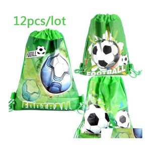 Confezione regalo 12 Pz / lotto Zaino a Tema Calcio Happy Birthday Party Tessuti Non Tessuti Pallone da Calcio Dstring Borsa Regali Baby Shower Mochila Dhptx