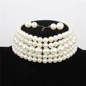 Necklace Earrings Set Victorian Chunky Faux Pearl 5 Layered Choker Vintage Wedding Bridal Jewelry Multi-layer Stacked