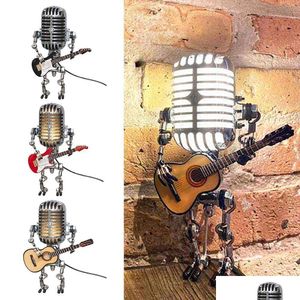 Dekoratif Nesneler Figürinler Model USB Ferforje Retro Masa Lambası Dekorasyonları Gitar Çalmak İçin Robot Mikrofon 230224 Drop de Dhwec